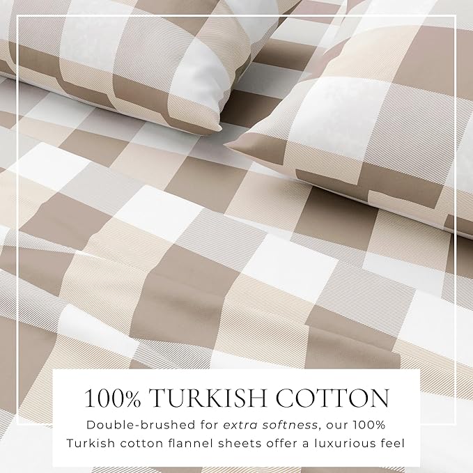 Great Bay Home Flannel Sheet Set California King Size - 100% Turkish Cotton, Double-Brushed, Printed Bed Sheets - Ultra-Soft, Cozy, 4-Piece Bedding Set (Buffalo Check - Soft Taupe/Pale Grey)