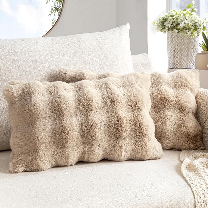 MIULEE Pack of 2 Decorative Pillow Covers Thick Soft Plush Faux Fur Lumbar Throw Pillows Luxury Home Decor for Couch Bedroom Living Room Sofa,12x20 Inch Khaki