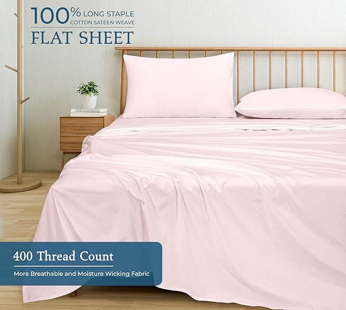 400 Thread Count 100% American Grown Cotton Pink Flat Sheet Only - Cooling Sheets - Luxury Sateen Weave - Full Size Flat Sheet Sold Separately - Super Soft Cotton Top Sheets (Full, Kyoto Blush)