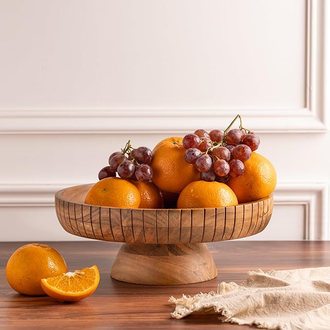 Acacia Wood fruit bowl with pedestal | 12" dia | Decorative bowl used as Centerpiece for kitchen counter or dining table | Wooden table decor| (Natural Finish)