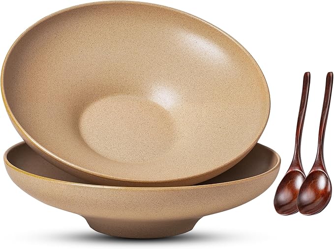 Ceramic Serving Bowls with Wooden Spoons Set of 2, Large Serving Bowl for Dinner Salad Soup Pasta Dessert Fish Fruit Chicken Bread, Oven Dishwasher Safe, 50oz Bowl for Entertaining, 9.75" Khaki
