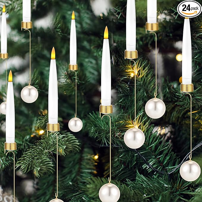 Baquler 24 Pcs Christmas Tree Candles with Remote, Flameless LED Candlesticks Flickering Candles with Pearl Ball Hooks for Xmas Home Wedding Winter New Year Hanging Ornaments Party Supplies