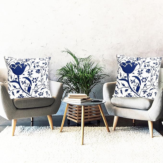 Decorative Throw Pillow Covers Set of 2 Blue Pillow Covers 18x18 inch Short Plush Couch Pillow Cases Floral Throw Pillows,Farmhouse Outdoor Pillow Covers for Sofa Living Room Cushion Covers