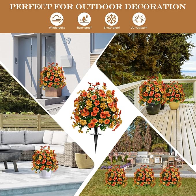 Artificial Topiary Bushes for Outdoors with Spike, Boxwood Ball Fake Shrubs UV Resistant Faux Plants for Indoor Outdoor Fall Thanksgiving Halloween Decor (Orange Green)