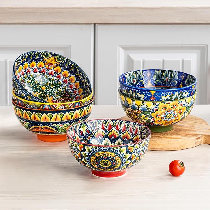 Henten Home 6.5 oz Small Dessert Bowls, Porcelain Boho Snack Bowl Set of 6 - Ceramic Colorful Bowls for Salsa, Dipping, Sauce, Decorative, Microwave & Dishwasher Safe