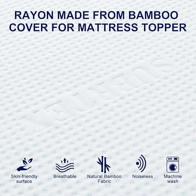 Subrtex 2 Inch Mattress Topper Cover (Only Cover) Mattress Topper Protector Bedding Rayon Made from Bamboo Removable Mattress Encasement with Zippers, Queen
