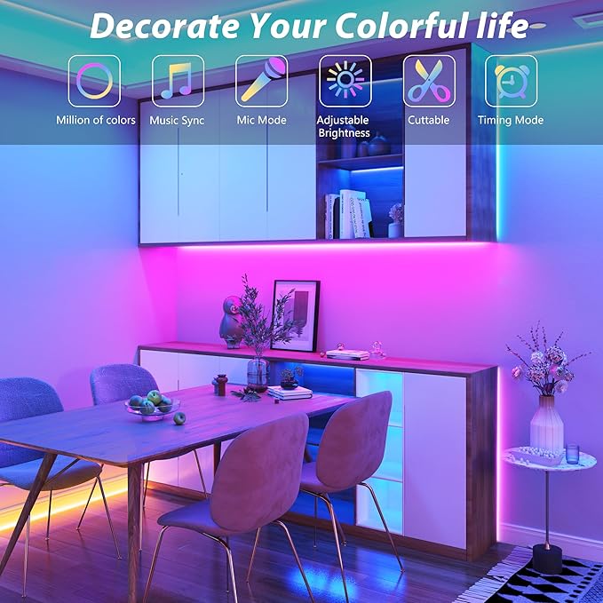 50 ft LED Lights for Bedroom Music Sync RGB LED Strip Lights with APP & Remote Control LED Lights for Room Home Party Christmas Wall Decor (1 Roll of 50ft)