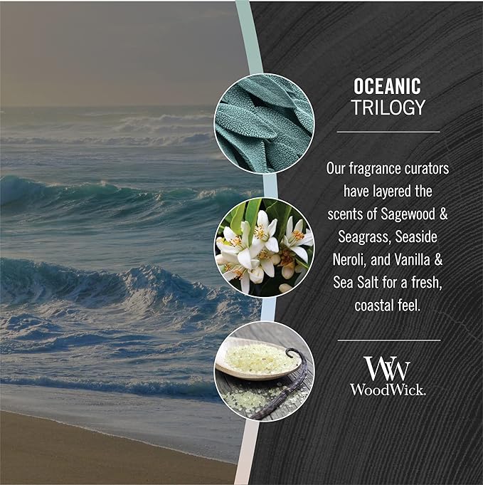 WoodWick Oceanic Scented Trilogy Medium Hourglass Candle, Crackles at it Burns, Perfect for Gifting, 9.7oz