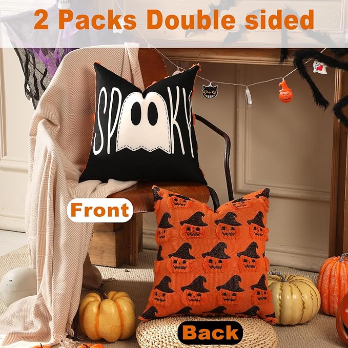 TOYPOPOR Halloween Decorations, 2 Packs Double Sided Ghost Pillow Covers, Soft Fur Throw Pillow Cases Indoor outdoor Pumpkin Couch Cushion Case for Fall Autumn Bedroom Living Room Home Decor 16''x16''