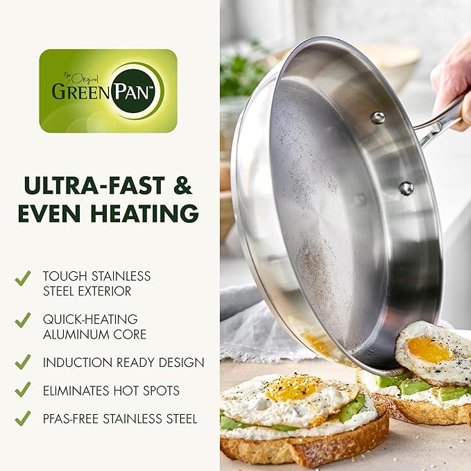 GreenPan 11 Piece Stainless Steel Cookware Set, Induction Ready, Measurement Markings, Dishwasher & Oven Safe 600F, Pots & Pans, Sauce, Saute, Frying Pans, Silver