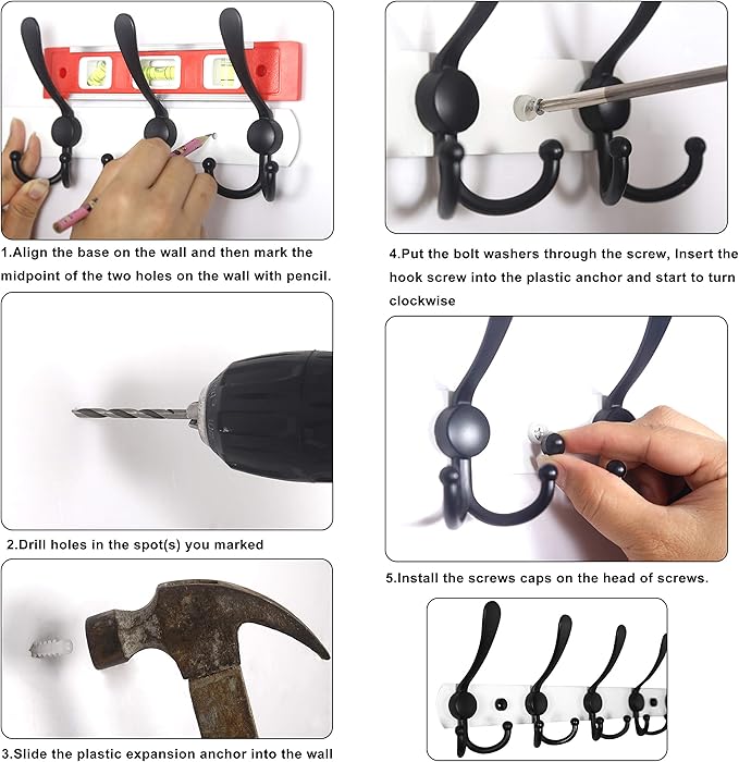 WEBI Coat Rack Wall Mounted,5 Coat Hooks for Hanging Coats,Heavy Duty Metal Double Hook Rack Hook Rail Coat Hanger Wall Mount for Clothes Entryway Jacket,Black,2 Packs