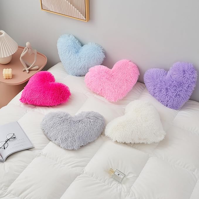 MOOWOO Fluffy Heart Pillow, Shaggy Plush Faux Fur and Sherpa, Cute Soft Throw Cushion Valentines Day Decor for Mothers Day, Christmas Decorations,Love Heart Shaped Throw Pillow