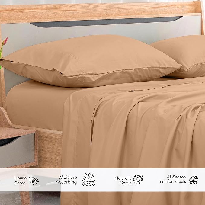 Royale Linens 300 Thread Count 100% Long Staple Combed Cotton Flat Sheet - Super Soft - Top Sheets - Queen Flat Sheet Sold Separately - Breathable, Cool & Crisp Percale Sheets Only (Queen, Sand)