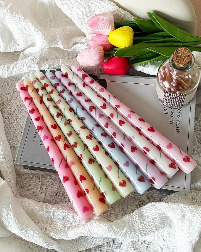 Heart Taper Candles Red Tall Taper Candles 12 inch Unscented Smokeless Candle for Candlesticks Sticks Wedding Home Decor Dinner Christmas Set of 12