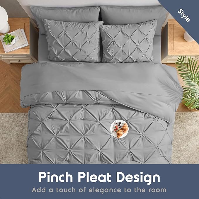 Nestl California King Comforter Set 7 Piece - Pintuck Cal King Comforter Set Grey, California King Bed in a Bag, All Season Bed Set with Flat Sheet and Fitted Sheet, Pillowcases and Shams
