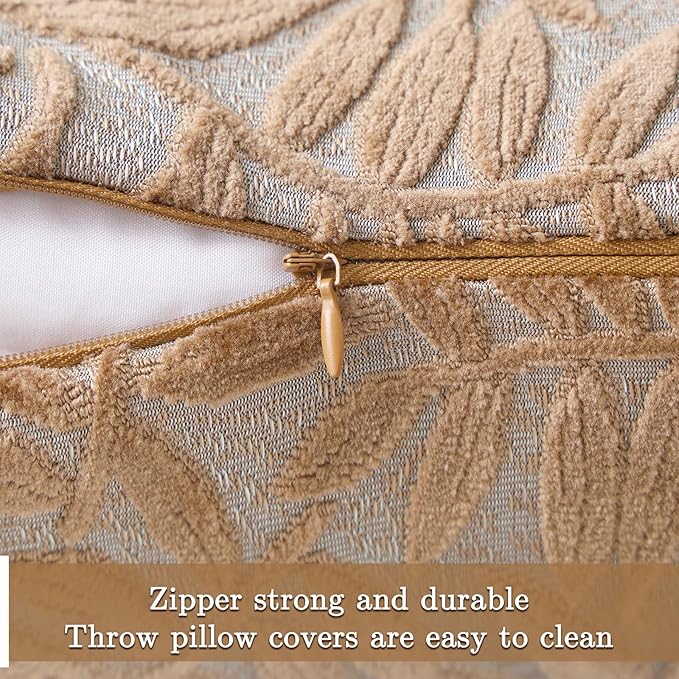 HPUK Leaf Cut Velvet Throw Pillow Covers Pack of 2, 18x18 Inch Accent Cushion Covers for Living Room, Bedroom, Decorative Pillow Covers for Couch, Sofa, Chair, Brown