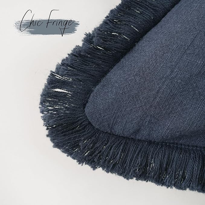 Foindtower Decorative Linen Fringe Lumbar Throw Pillow Covers Cozy Boho Farmhouse Cushion Cover with Tassel Soft Accent Pillowcase for Sofa Bed Living Room Home Decor, 12×20 Inch, 1PC, Navy Blue