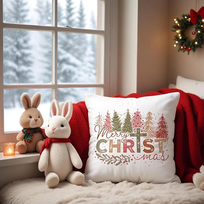 Christian Christmas Pillow Covers 18x18, Retro Christmas Trees Cross Decorative Pillow Covers for Couch, Christian Christmas Decor, Christmas Decorations for Living Room Bedroom Home