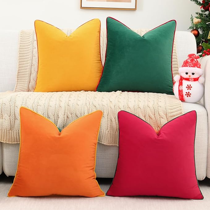Mecatny Set of 4 Velvet Christmas Throw Pillow Covers 18x18, Soft Colorful Accent Decorative Couch Pillow Covers for Sofa Bedroom Living Room, Green/Red