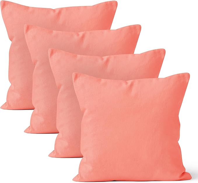 Encasa XO Throw Pillow Covers 20x20 in Set of 4 Coral | No Inserts | Cotton Pillow Covers for Living Room, Bed, Sofa, Couch | Decorative Cushion Covers with Improved Zipper