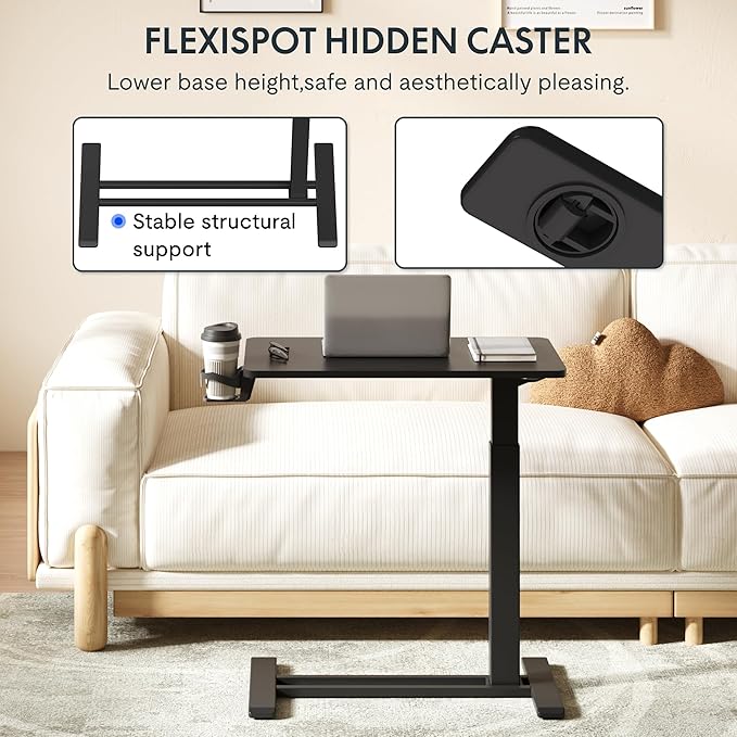 FLEXISPOT H7 Adjustable Overbed Bedside Table with Wheels Pneumatic Mobile Standing Desk Laptop Desk Rolling Computer Cart Movable Overbed Tables Hospital Home Use(27.6" W x 15.7" D, Black Table)