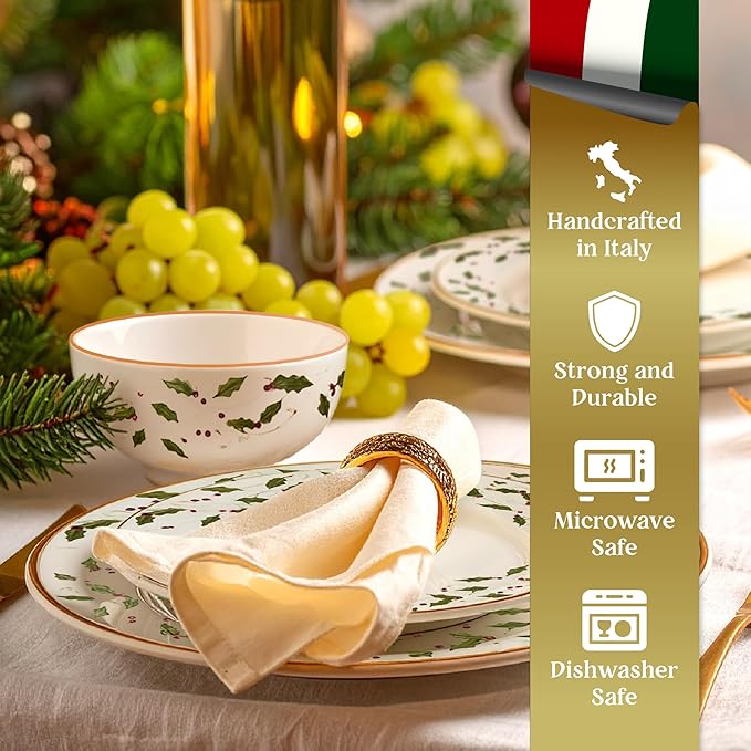 Gusto Buono Christmas World Porcelain 12Pcs Dinnerware Set – Red & Green Holly Leaf Design | 4 Cereal Bowls (5.5”), 4 Salad Plates (7.5”), 4 Dinner Plates (10.5”) - Perfect for Holiday Meals
