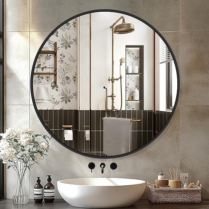 Black Frame Mirror, Bathroom Mirrors for Wall,26'' Round Circle Mirror for Entryway Bedroom Vanity(26'',Black)