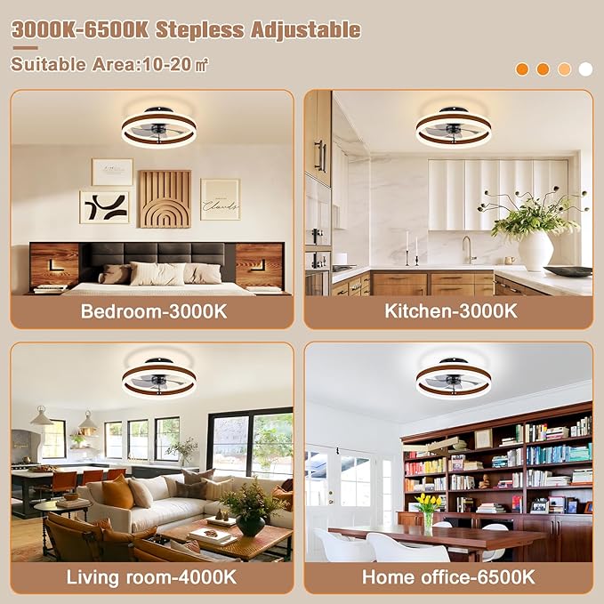 VOLISUN Fandelier Ceiling Fans with Lights and Remote, 15.7in Farmhouse Ceiling Fan Flush Mount, 3000K-6500K Dimmable Bladeless Ceiling Fan with Light, Modern Ceiling Fans with Lights for Bedroom