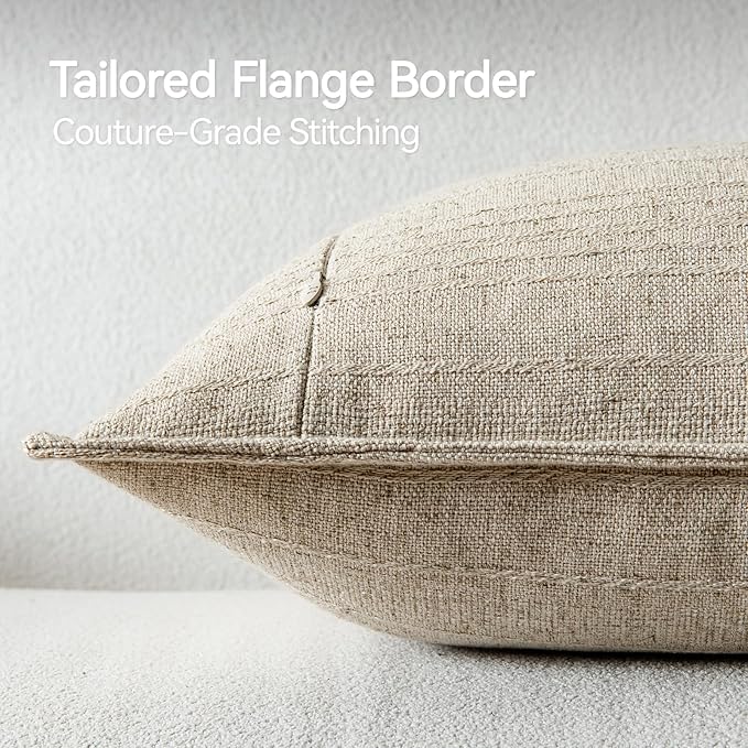 a moment Linen Pillow Covers Set of 2,Boho Farmhouse Throw Pillowcases Neutral Textured Decorative Covers for Couch Sofa, Soft Linen Blend Accent Case Cushion Living Room Home Decor 26"x26"Khaki
