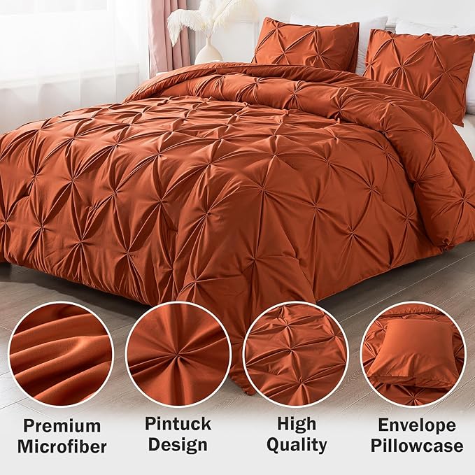 Andency Burnt Orange Pinch Pleat Comforter Full (79x90Inch), 3 Pieces (1 Pintuck Comforter and 2 Pillowcases) Down Alternative Microfiber Bedding Set