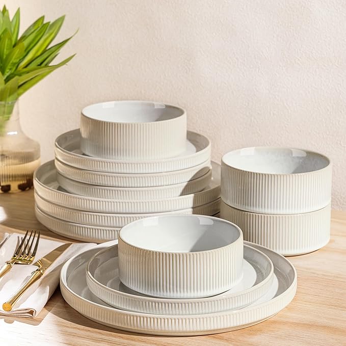 TheTerra Ceramic Dinnerware Sets for 4, 12 Pieces Porcelain Lightweight Plates and Bowls Sets, Scratch Resistant Dish Set, Oven & Microwave & Dishwasher Safe