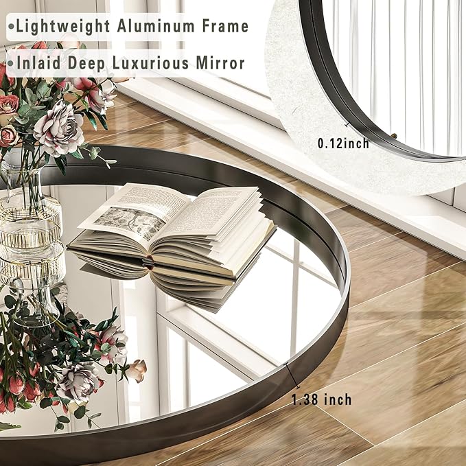 36 inch Round Bathroom Mirror, Black Metal Deep Frame Wall Mounted Circle Mirror for Wall Decor, Living Room, Vanity, Entryway, Hanging or Leaning