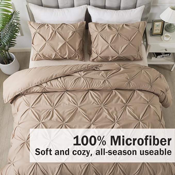Andency Taupe Comforter Twin(66x90Inch), 2 Pieces(1 Pintuck Comforter, 1 Pillowcase) Microfiber Pinch Pleat Comforter Set Twin Size, Lightweight and Soft Bedding Comforter Set