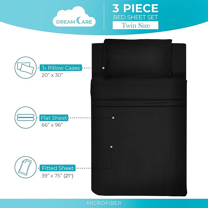 DREAMCARE Twin Sheets - 3pcs Cooling Sheets – up to 21” Extra Deep Pocket Twin Bed Sheets - Twin Sheet Set - Bed Sheets - Soft & Long Lasting 100% Fine Brushed Polyester with Side Pocket - Black