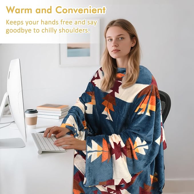 Catalonia Wearable Fleece Blanket with Sleeves and Foot Pockets for Adult Women Men, Micro Plush Comfy Wrap Sleeved Throw Blanket Robe Large, Southwest Blue