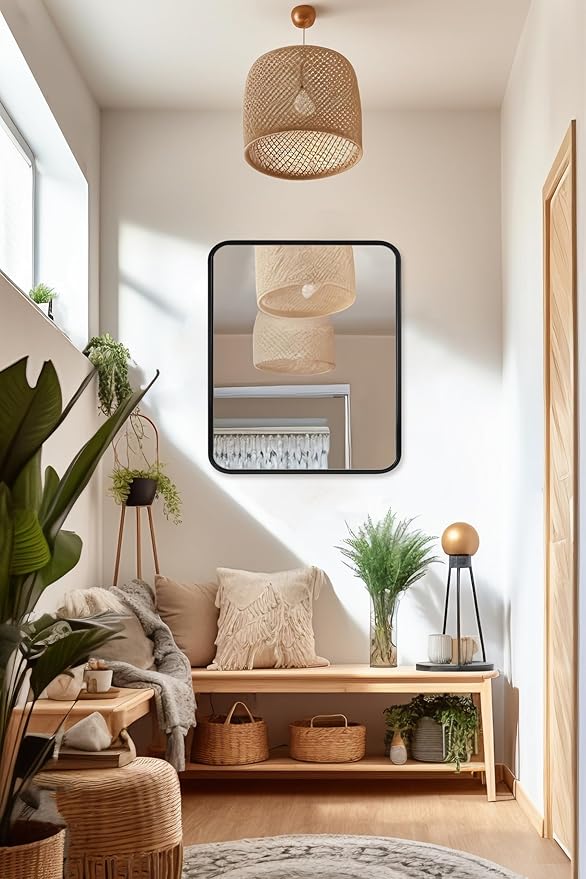 ANDY STAR 30x36’’ Bathroom Mirrors for Wall, Matte Black Bathroom Vanity Mirror, Contemporary Rounded Rectangle Mirrors Wall Mounted in Tube Metal Frame, Hang Horizontal/Vertical 1’’ Deep