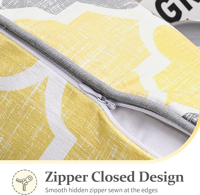 Beauoop Decorative Chenille Throw Pillow Covers with Moroccan Quatrefoil Geometric Double-Sided Print Square Soft Pillow Cases for Couch, Sofa, Living Room, Bedroom, 18"x18", Set of 2, Yellow Gray