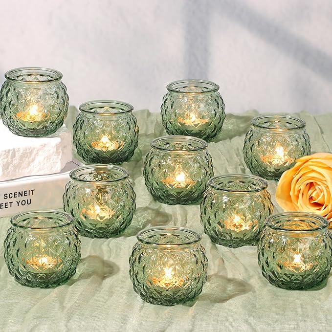DARJEN Green Votive Candle Holders Set of 24- Round Glass Candle Holders Bulk for Flameless LED Tea Waxes, Candle Holder for Wedding Shower & Home Table Decor, Various Parties