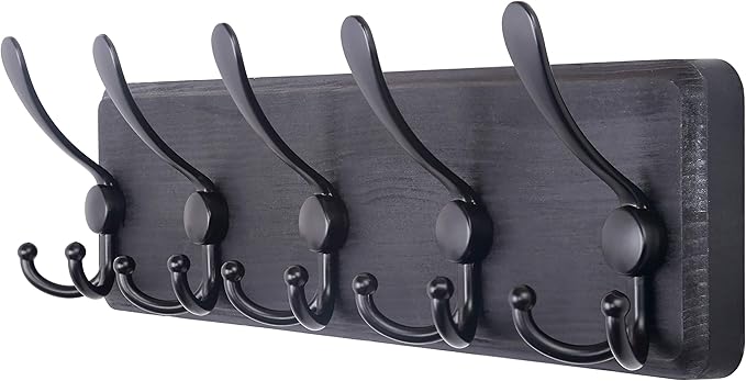 SKOLOO Rustic Wall Mounted Coat Rack: 16" Hole to Hole, Pine Real Wood Plank Wall Coat Rack with 5 Triple Hooks, Farmhouse Coat Hanger Wall Mount for Hanging Backpack Jacket Coat Hat