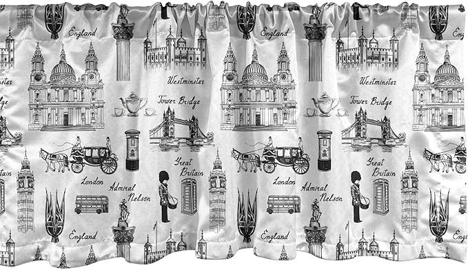Lunarable Sketch Window Valance Pack of 2, Famous Architectural Monuments and of England Historical London Travel, Rod Pocket Curtain Valances for Kitchen Bedroom, 54" X 18", Charcoal Black