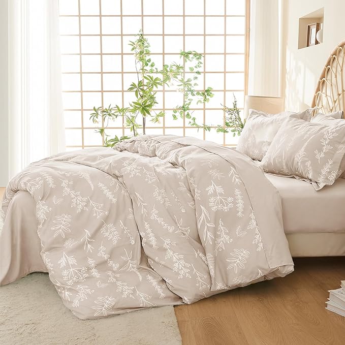 MUXHOMO Beige Full Comforter Set, Elegant Floral Print Bed in a Bag 7 Pieces, Ultra Soft & Breathable Reversible Botanical Pattern Bedding Set with Comforter, Sheets, Pillowcases, and Shams