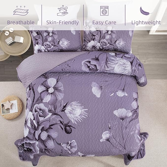 Floral Quilt Set Queen 3 Pieces Dark Purple Boho Flower Quilt Coverlet Set Soft Microfiber Lightweight Floral Quilted Bedspread with 2 Pillow Shams for All Season 90"x96"