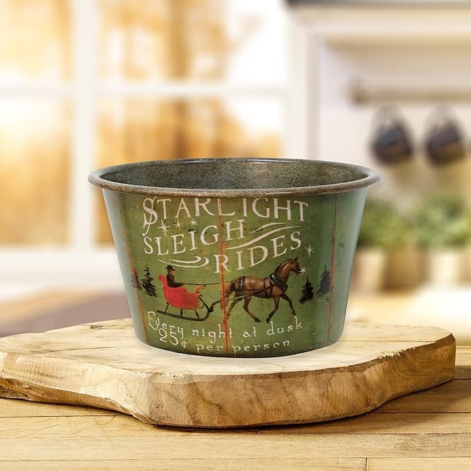 CWI Gifts Starlight Sleigh Rides Vintage Tin Bowl - 6.5" W x 4" H - Country Farmhouse Decor - Decorative Bowl - Key Bowl