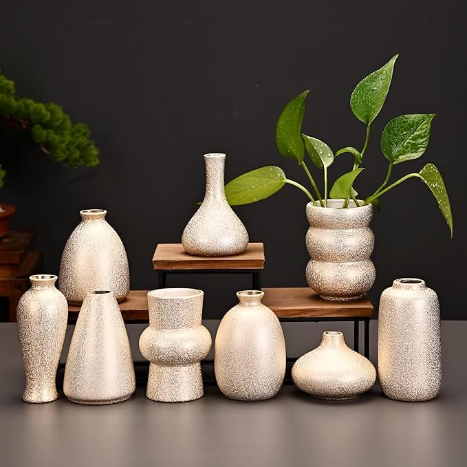 Set of 9 Ceramic Bud Vases for Pampas Grass Flowers, Small Vases in Bulk for Centerpieces Boho Vases for Wedding Decorations Neutral Living Room and Bedroom Decor DIY Gift (Gold)