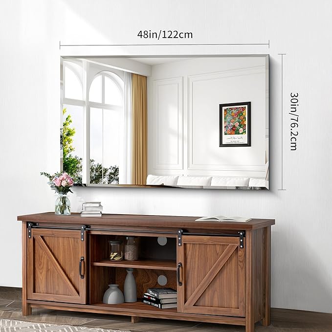 Beveled Bathroom Mirror, 30x48 Large Frameless Mirrors for Over Sink, Upgraded Shatterproof Beveled Frameless Vanity Mirror for Bedroom, Living Room and Entryway (Horizontal/Vertical)