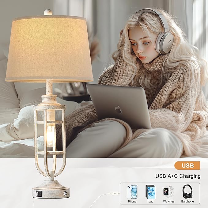 28" Table Lamps for Living Room Set of 2, Farmhouse Touch Lamps for Nightstand with USB A+C, Vintage Bedside Lamps for Bedroom End Tables, Bulbs Included