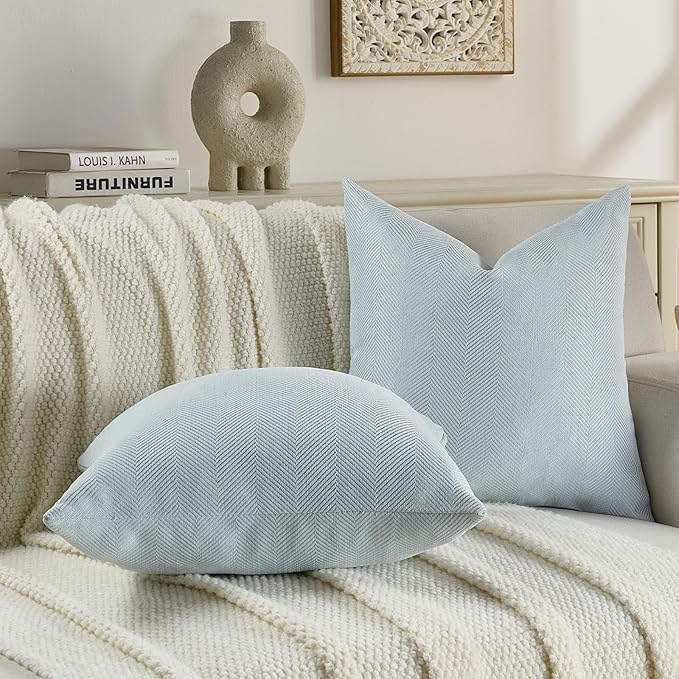 FUTEI Light Blue Chenille Throw Pillow Covers 20x20 Inch Set of 2,Soft Wide Chevron Textured Cushion Case,Farmhouse Home Decor for Couch Living Room