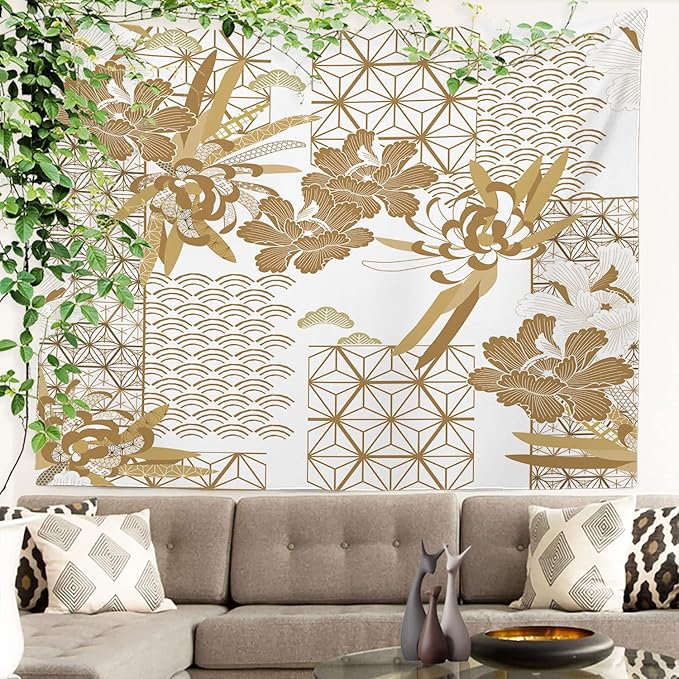 Batmerry Gold Japanese Floral Tapestry, Spring Wall Art Hanging Decoration Polyester Fiber White Ruffled Around for Dorm Room Bedroom Living Room, 59.1x82.7 inches
