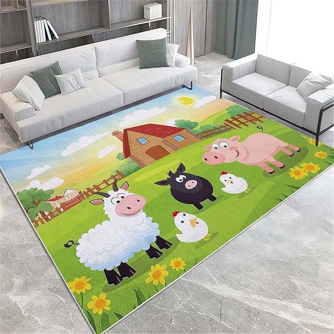 Washable Area Rug for Living Room 2x3 ft Cartoon Farm Sheep Pig 3D Print Decor Carpet, Non Slip Stain Resistant Large Area Rugs, for Bedroom Dining Room Office