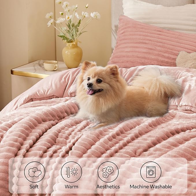 BEDELITE Fleece Queen Comforter Set -Super Soft & Warm Fluffy Dusty Pink Bedding, Luxury Fuzzy Heavy Bed Set for Winter with 2 Pillow Cases